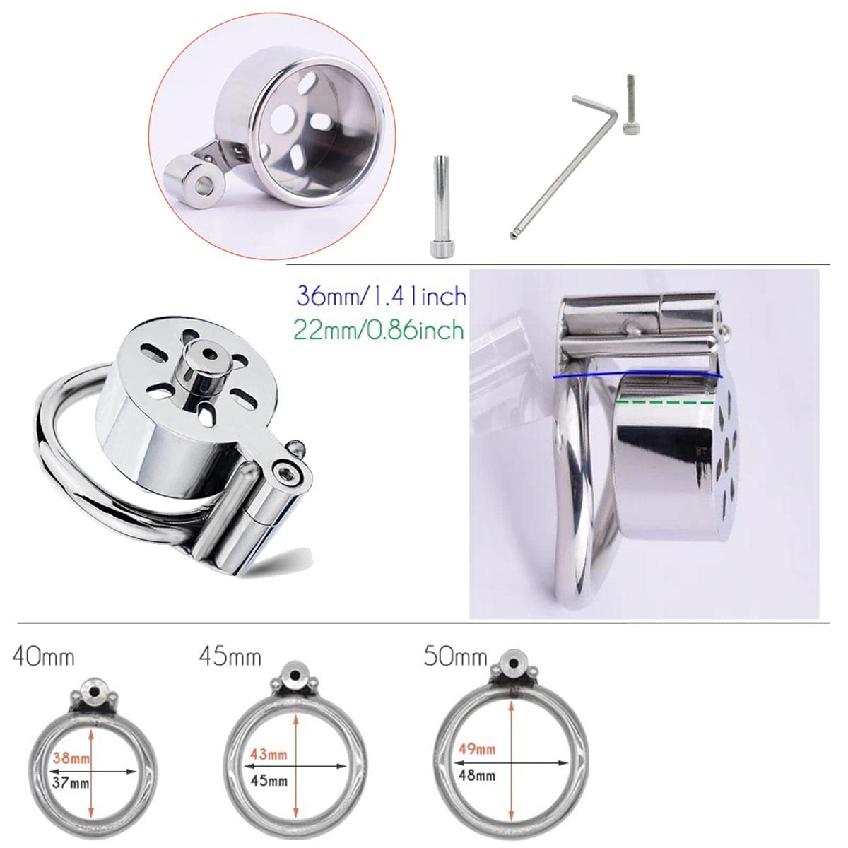 AAKOMA Cage verrouillée pour dispositif de chasteté masculine, cage à bite en acier inoxydable pour hommes avec tube urétral, jouet sexuel de bondage hypoallergénique, anneau de 50mm