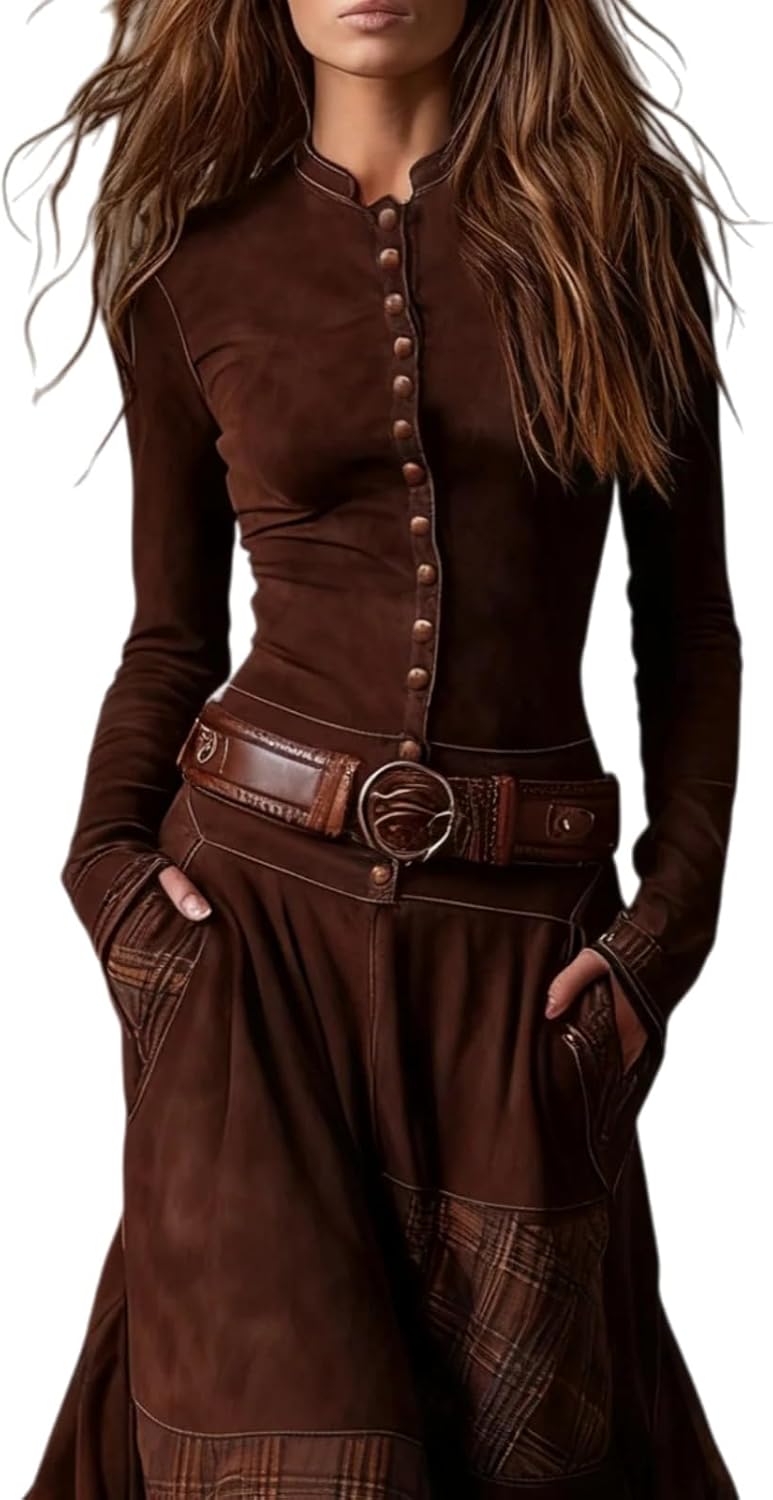 Women's Western Dress Vintage Lapel Suede Maxi Dress Long Sleeve Maxi Tops for Women Country Music Dresses Belt Fall Formal - Image 2