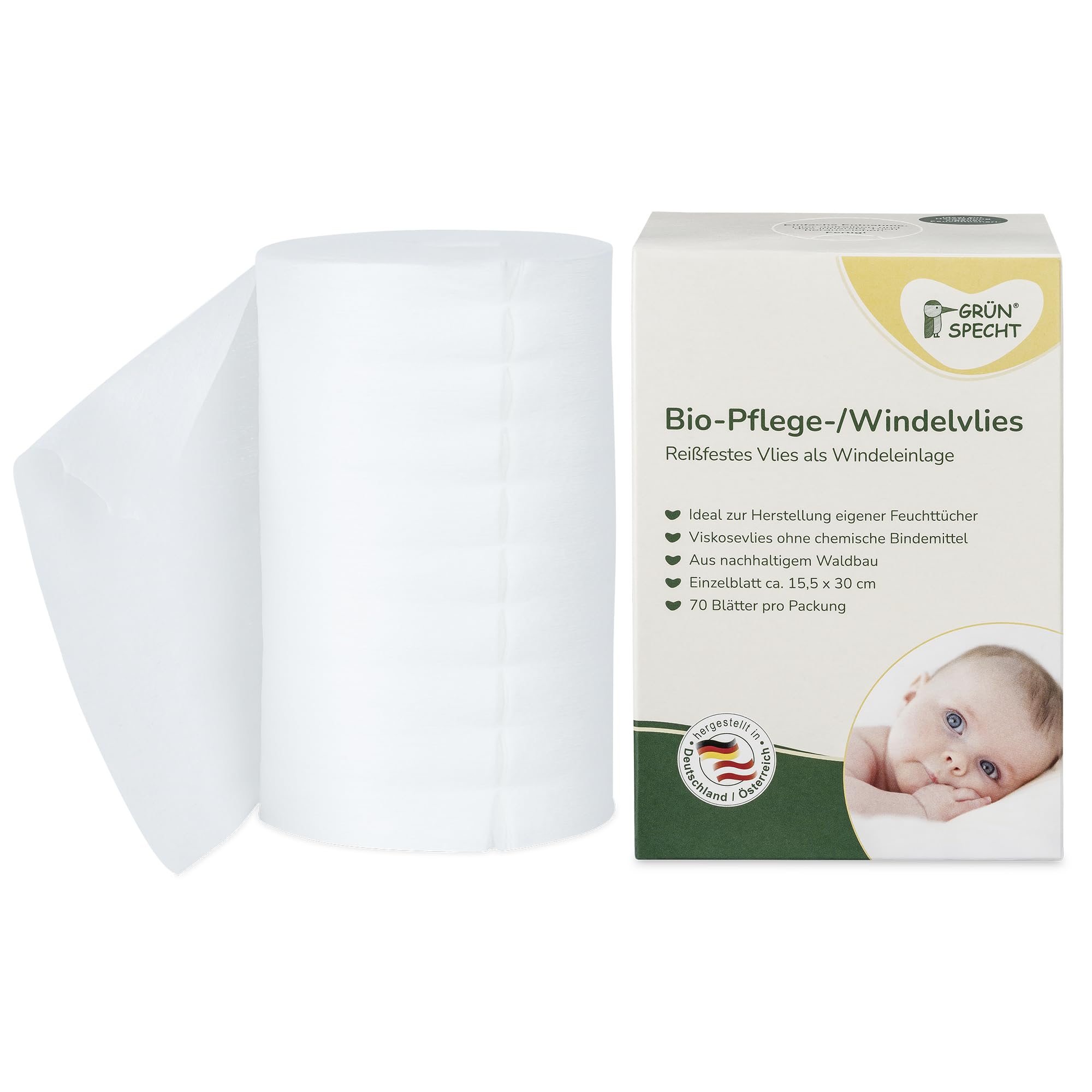 GRÜNSPECHT Tessuto non tessuto biologico per pannolini, 100% biodegradabile, assorbente, 70 fogli (699-00)