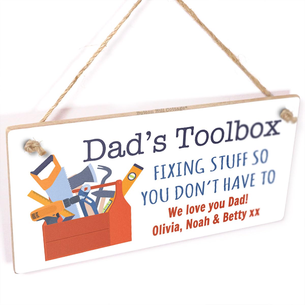 Personalised Dad's Toolbox Sign - Custom Name Hanging Plaque - Father's Day from Kids - Birthday or Christmas for Dad - Cute Toolbox Design - 20cm x 10cm