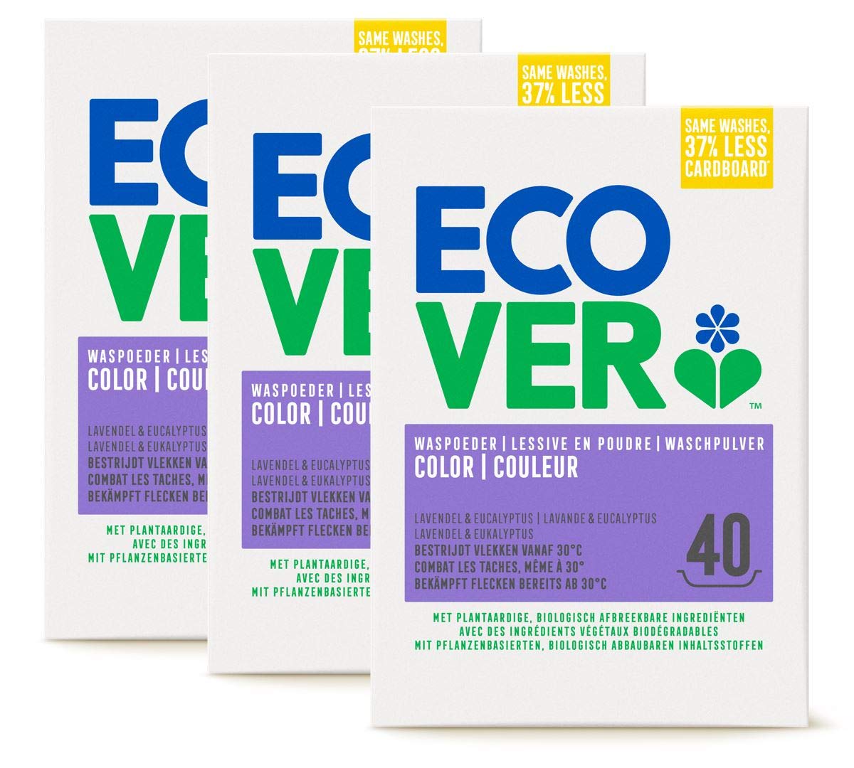 Ecover Waschmittel, Pulver, Farbe Lavendel, natürliche Herkunft, umweltfreundlich/sanft für Ihre Haut, für Wäsche, 3 x 3 kg, Weiß, 9000 g