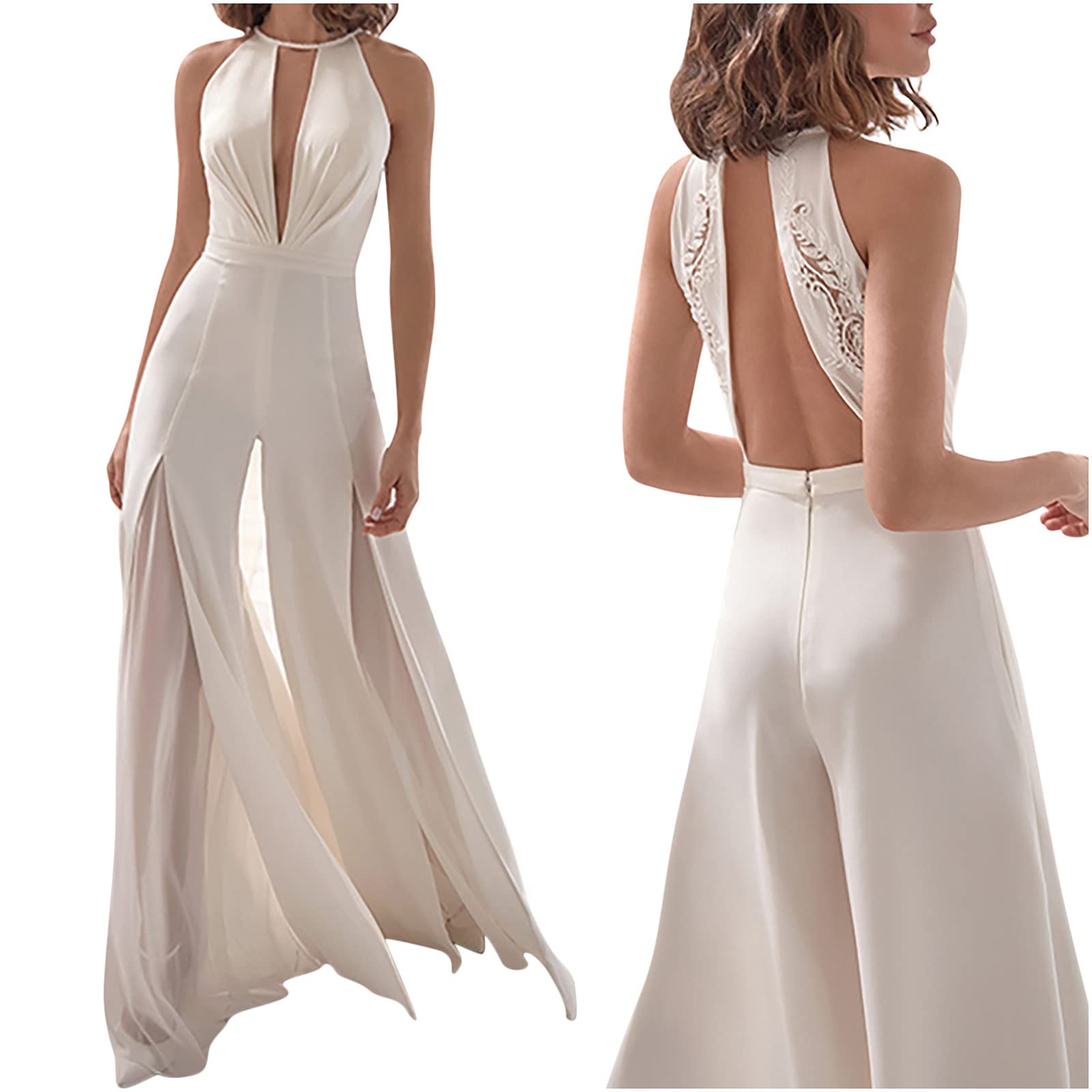 Tuta da Donna Sottile a Maniche a Halterneck Slim Open Back Sexy Scollo A V Bianche Jumpsuit Pantaloni Vestito Abito Elegante Cerimonia