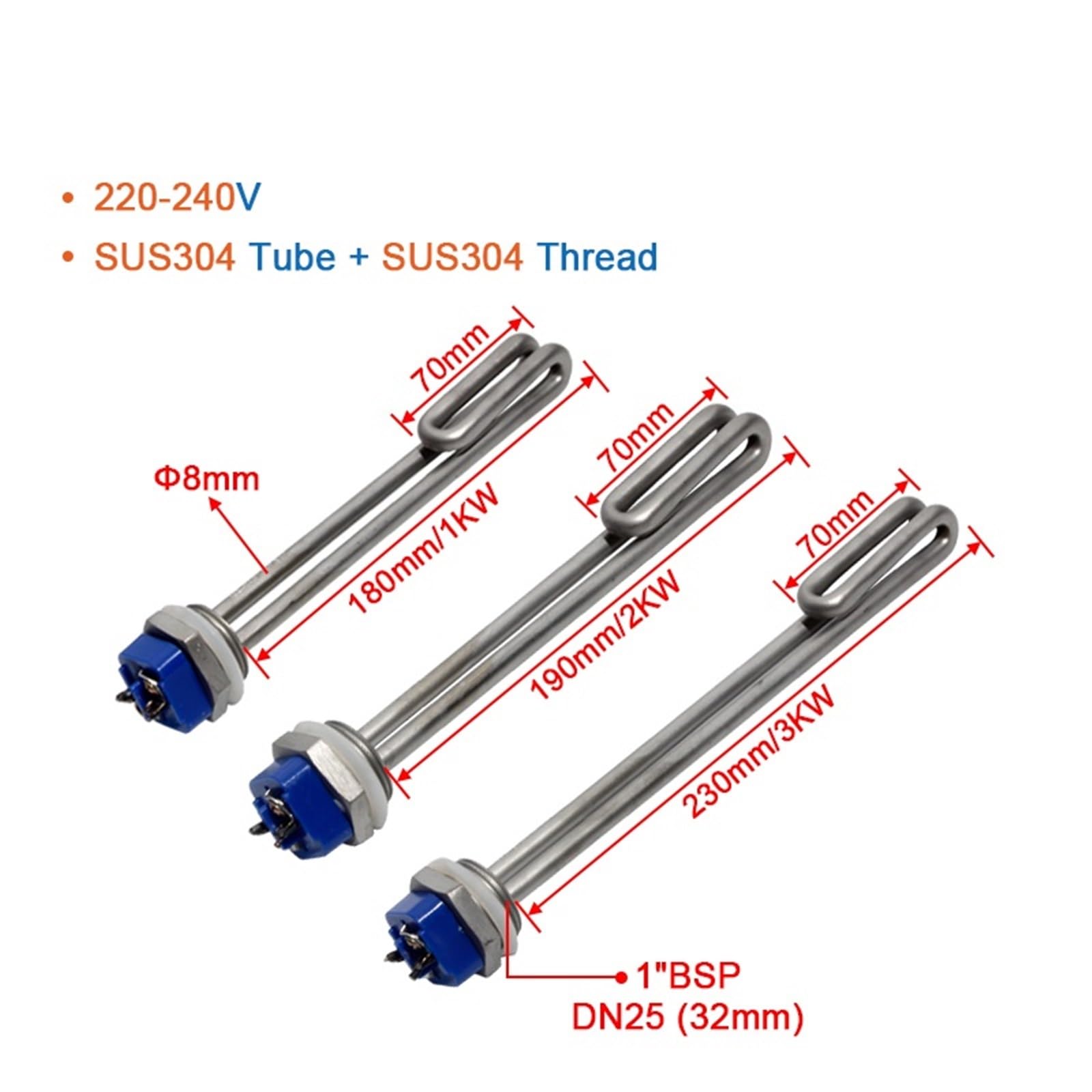 Elemento riscaldante a vite in acciaio inossidabile 304 da 2,5 cm, 220 V-240 V, DN25 per caldaie ad acqua (110 V, 2 KW 190 L)