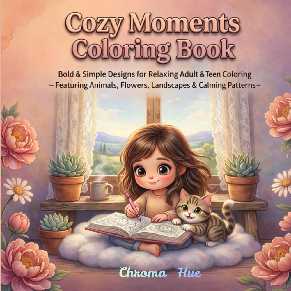 Cozy Moments Coloring Book: Bold & Simple Designs for Adults & Teens' Relaxation and Stress Relief Featuring Cozy Animals, Flowers, Peaceful Landscapes & Calming Patterns