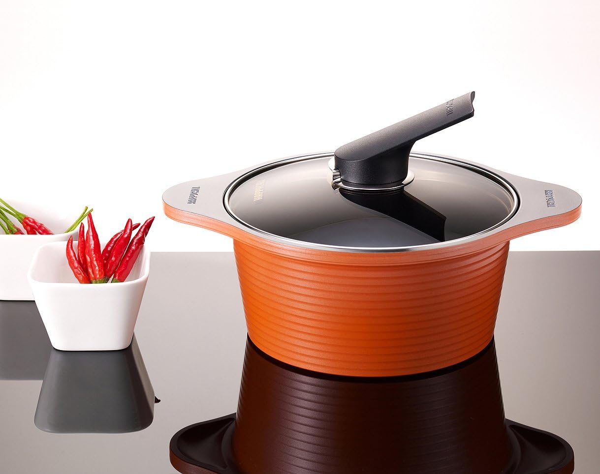 Happycall Hard Anodized Ceramic Nonstick Pot, 3-Quart Wide, Orange, Oven Safe, Dishwasher Safe, Stockpot, With Glass Lid, Rivet Free, Cookware