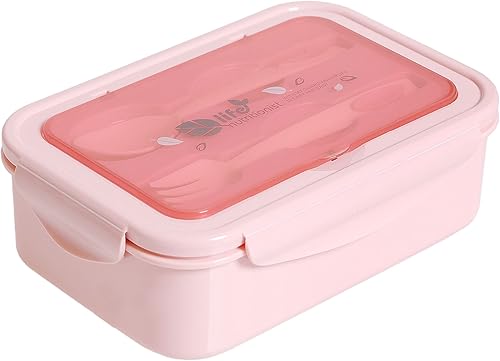 Caja Bento para adultos y niños color rosa sin BPA hermética a prueba de fugas 3 compartimentos con cuchara y tenedor