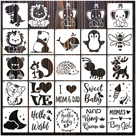 22 Pack Cute Baby Stencils for Onesie Decorating Kit Reusable Baby Shower Stencils for Painting on Fabric Bodysuit Shirts Bags Shoes Bibs Clothes Small Animals Theme Templates