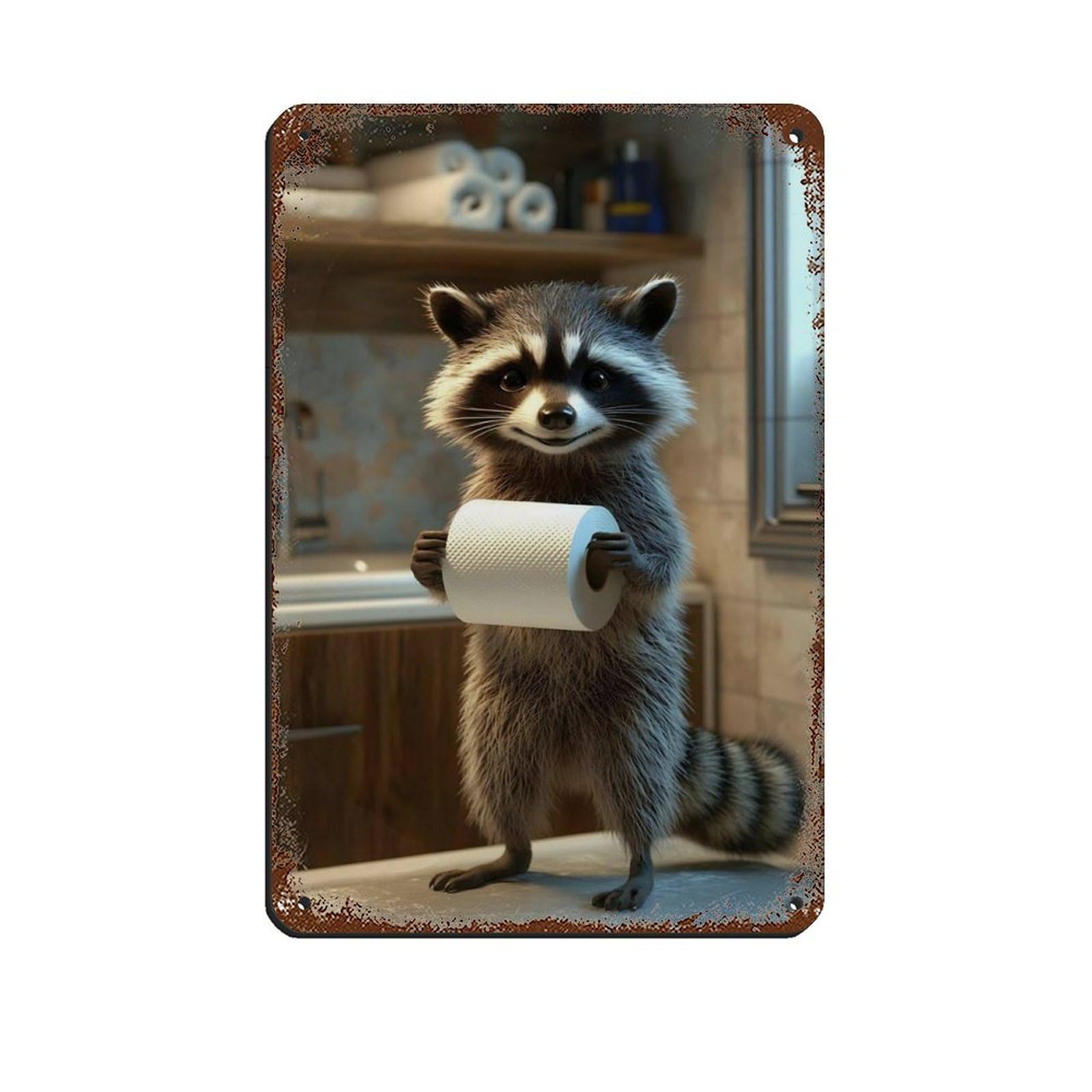 Lxwnze 20L X 30W Cm Cute Raccoon Bathroom,Bathroom Humor Retro Poster Metal Tin Sign Chic Art Retro Iron Painting Bar People Cave Cafe Family Garage Poster Wall Decoration 8X12inch(20X30cm)