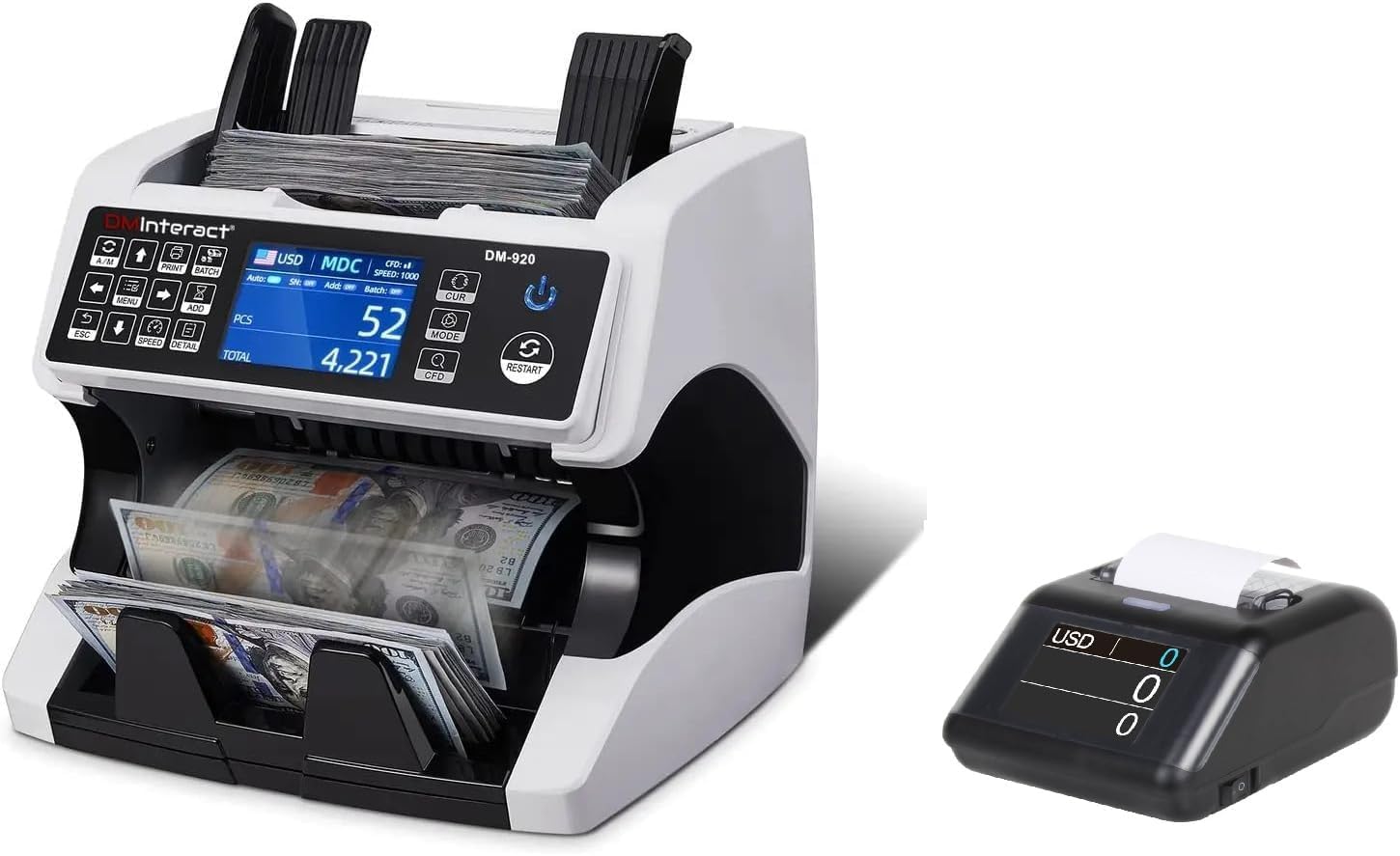 DM-920+ 1 Pocket 15 Multi Currency With UV, MG, IR, CIS Counterfeit Detection, Touch Control Panel, 3.5 inch Touch Display Counting Machine With Built-In Display External Receipt Printer