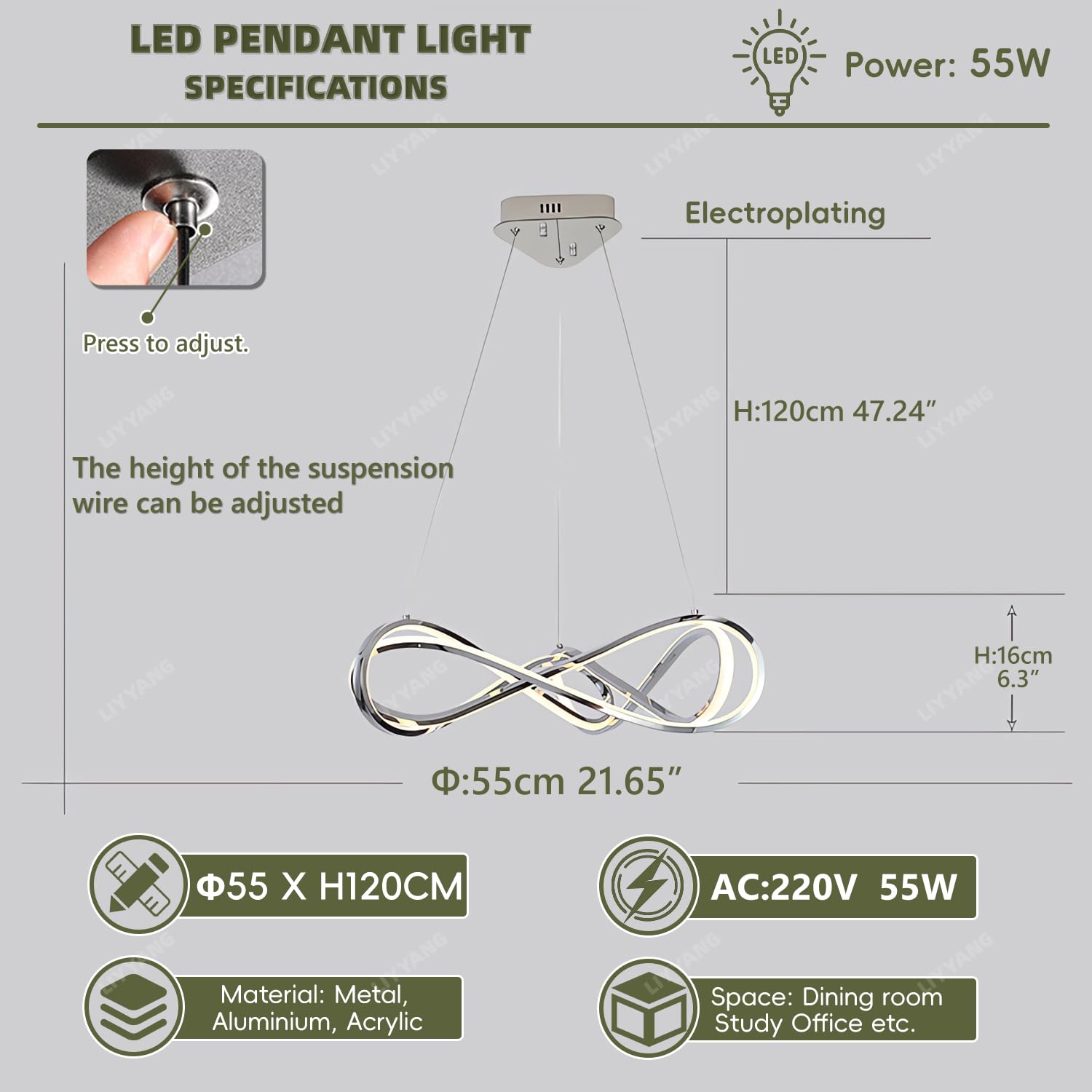 Kronleuchter Esstisch LED Pendelleuchte Esszimmer mit Fernbedienung Dimmbar Moderne Hängeleuchte Esszimmerlampe hängend Höhenverstellbar Esstischlampe Bürolampe Schreibtischlampe (Chrom, Φ55cm 55W)