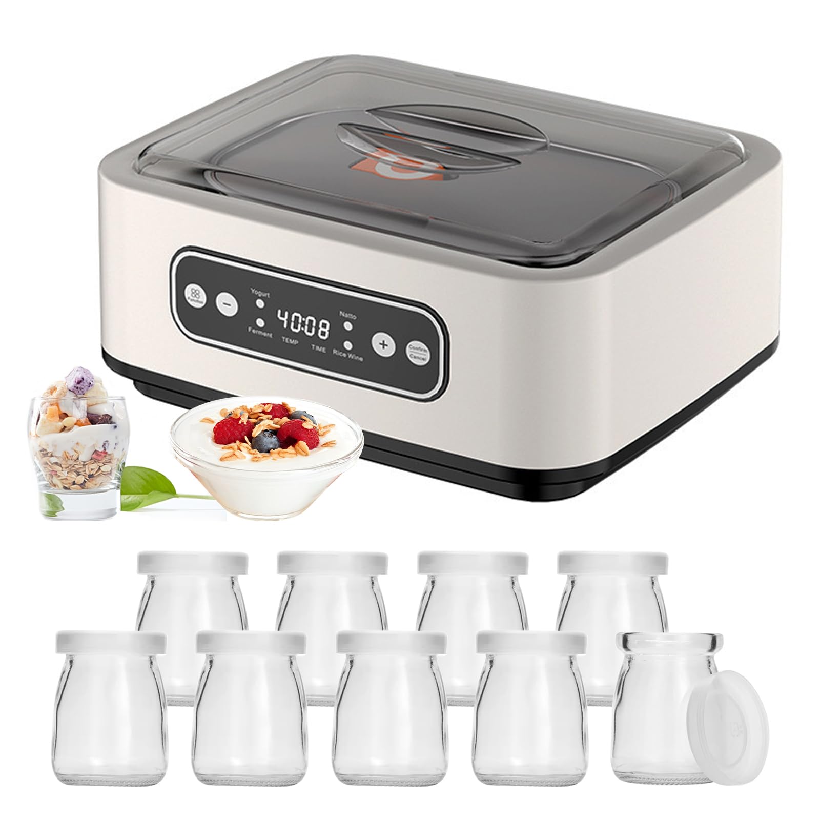 Yogurtiera Elettrica, Macchina per Yogurt con 9 Vasetti, Yogurtiera Yogurt Greco Fatto in Casa con Temperatura e Durata Regolabili per Yogurt Biologico Zuccherato o Senza Zucchero