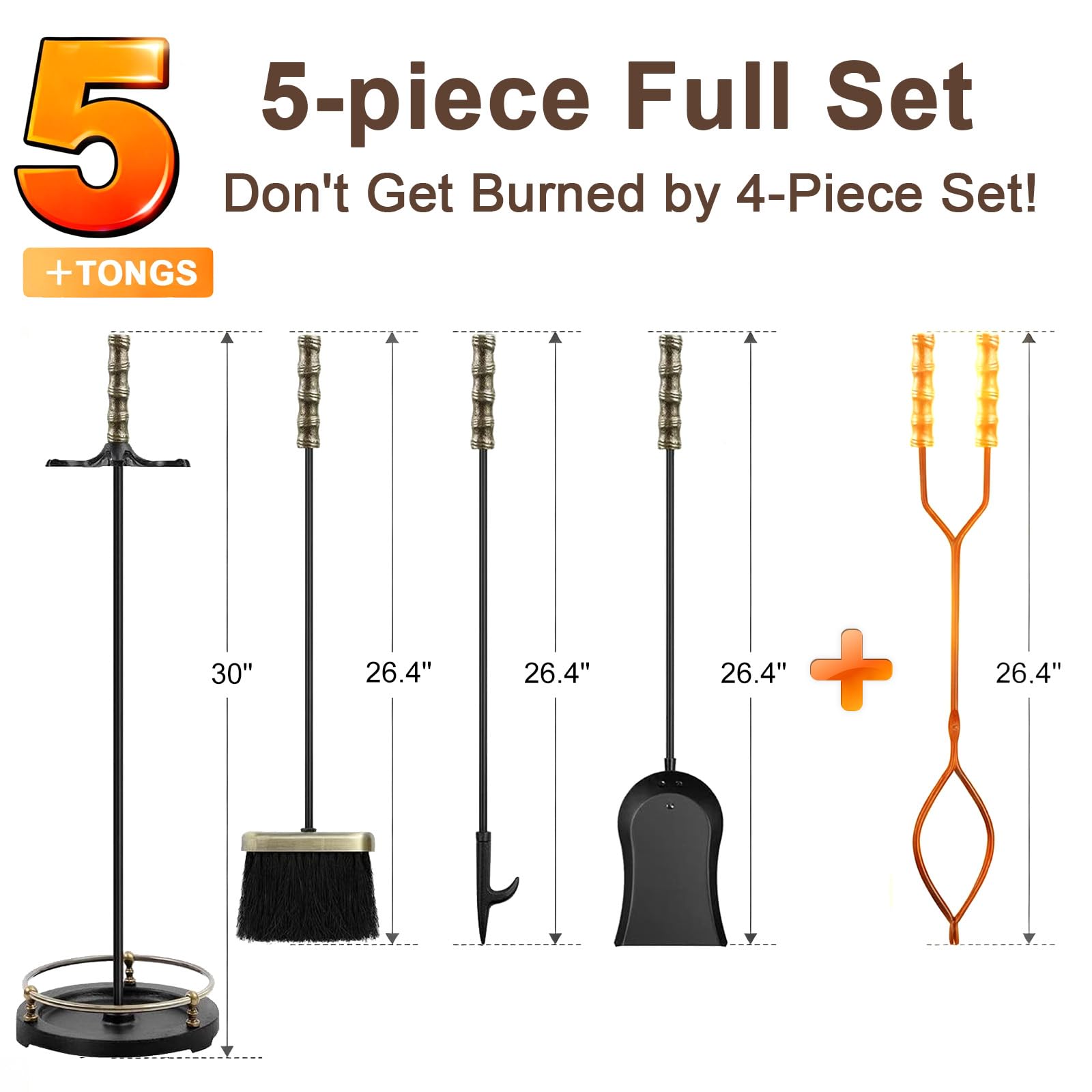 Amagabeli 5 Pezzi Set per Camino in Ferro battuto per Interni con pinze da Poker Porta Scopa Pala per Attrezzi da Fuoco Set da Poker per Esterni Set di Accessori per focolare Nero