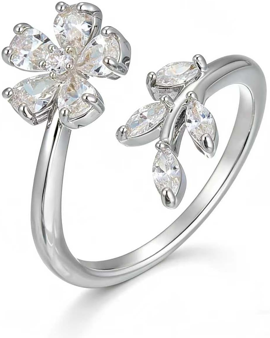Ladies' Alloy Flower Leaf Open Ring, Silver Tone with Crystal Accents, Adjustable