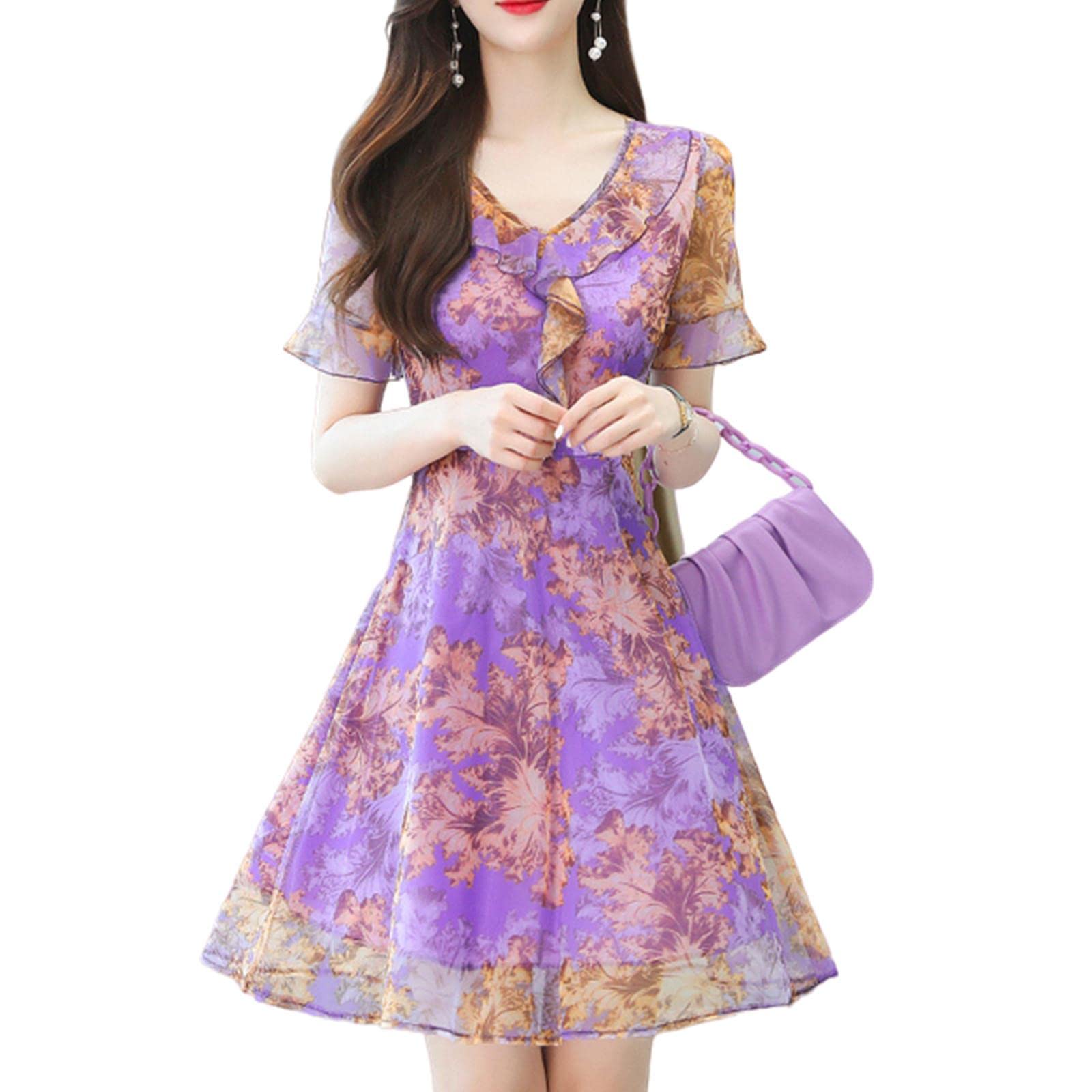 BUCROS Vestito Donna Abito Estivo in Chiffon Donna A Manica Corta Floreali Eleganti Abiti Midi
