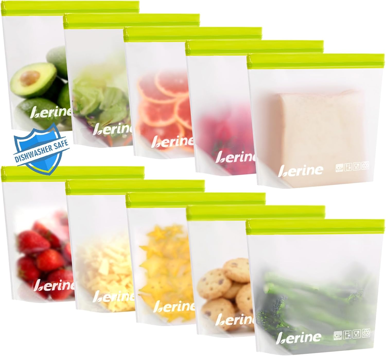 Lerine 10 Pack Stand-Up Reusable Sandwich Bags, Dishwasher Safe Leakproof Food Storage Bags, BPA Free Reusable Freezer Bags for Meal Prep,Sandwich,Home Organization (Green) - Thumbnail 2