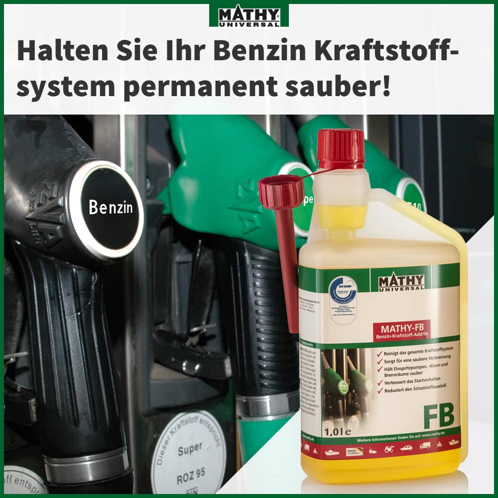 MATHY-FB Benzin-Pflege-Kraftstoffadditiv, 1 Liter, Additiv Systemreiniger | Benzinadditiv & Kraftstoffstabilisator, Hochkonzentrierte Reinigung für Benzinmotor, Reiniger bei jeder Tankfüllung