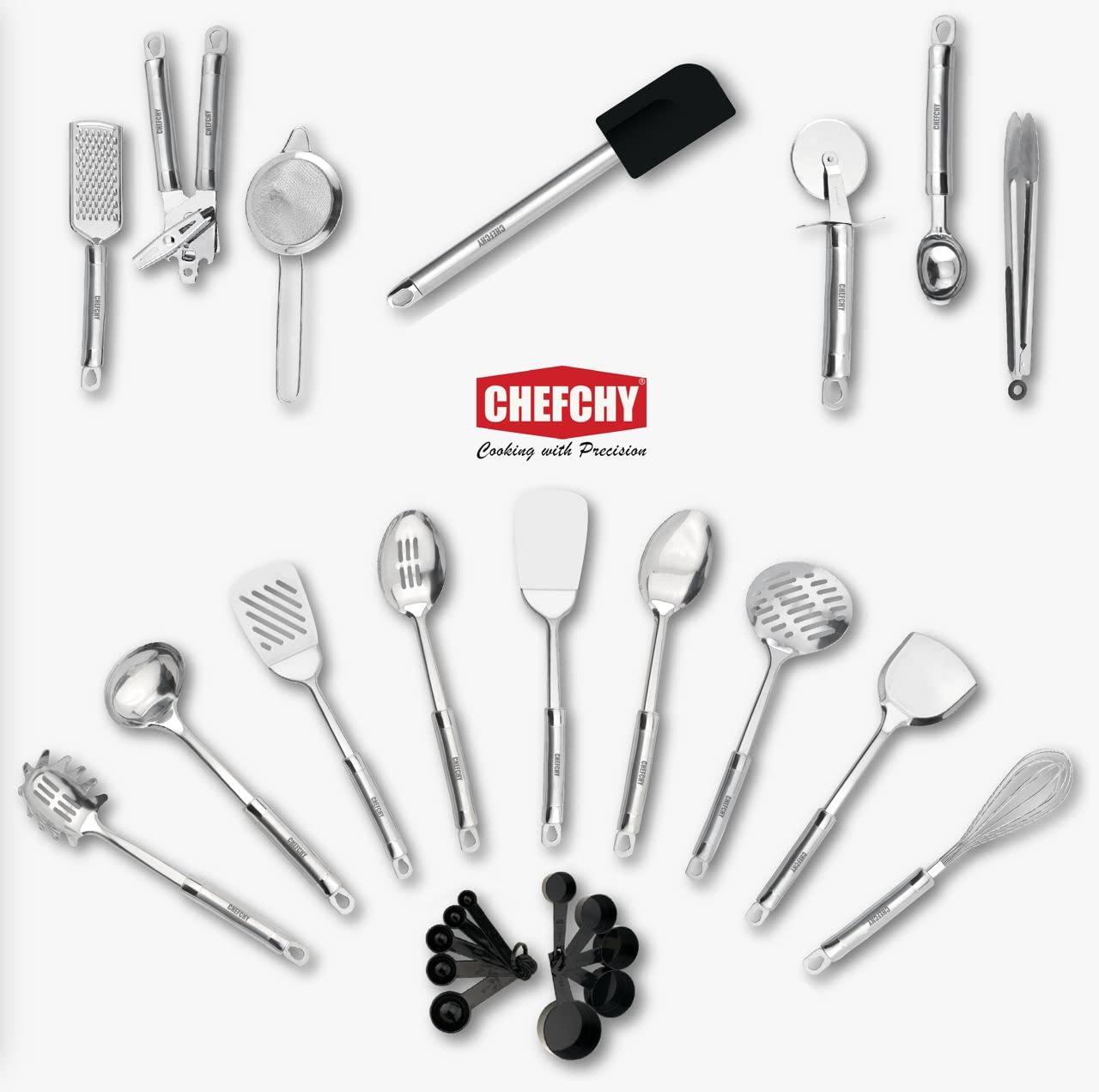 CHEFCHY 26-Piece Stainless Steel Non-stick Kitchen Utensil Set, Long lasting, Heat Resistant, Food safe, for the whole family, schools and camping.