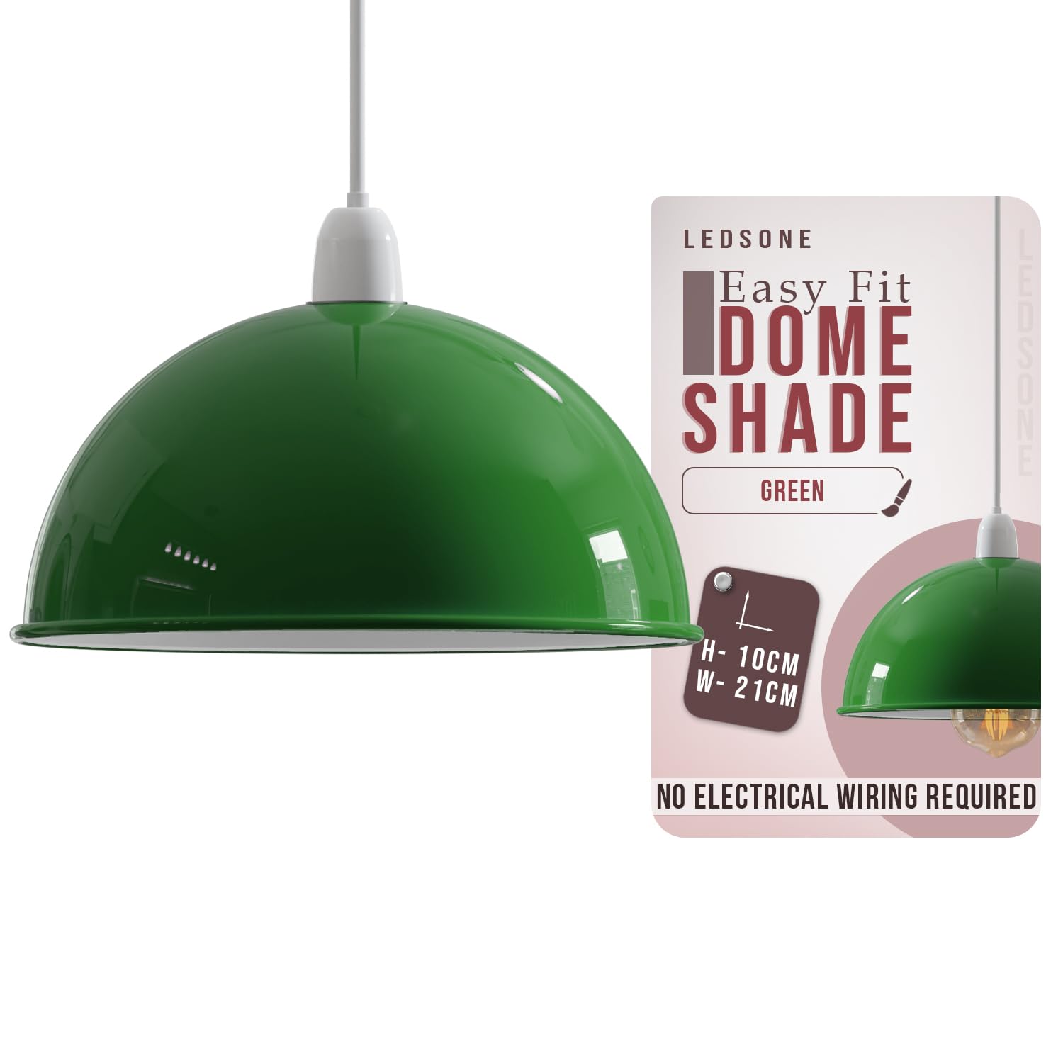 Green Modern Dome Pendant Lamp Shade – 21cm Industrial Metal Ceiling Light Shade Easy Fit for Kitchen, Bedroom, Living Room, Dining Room, Hallway, Restaurant and Café