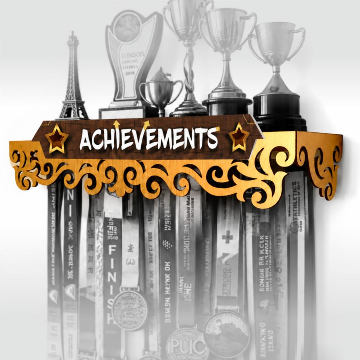 Medal SPACE Premium (AS) Achievements Medals Display Hanger Shelf | 2 in 1 Display | Medals & Trophys Premium Unique Display | Holds 60+ Medals | 3-5 Trophys for Athletes