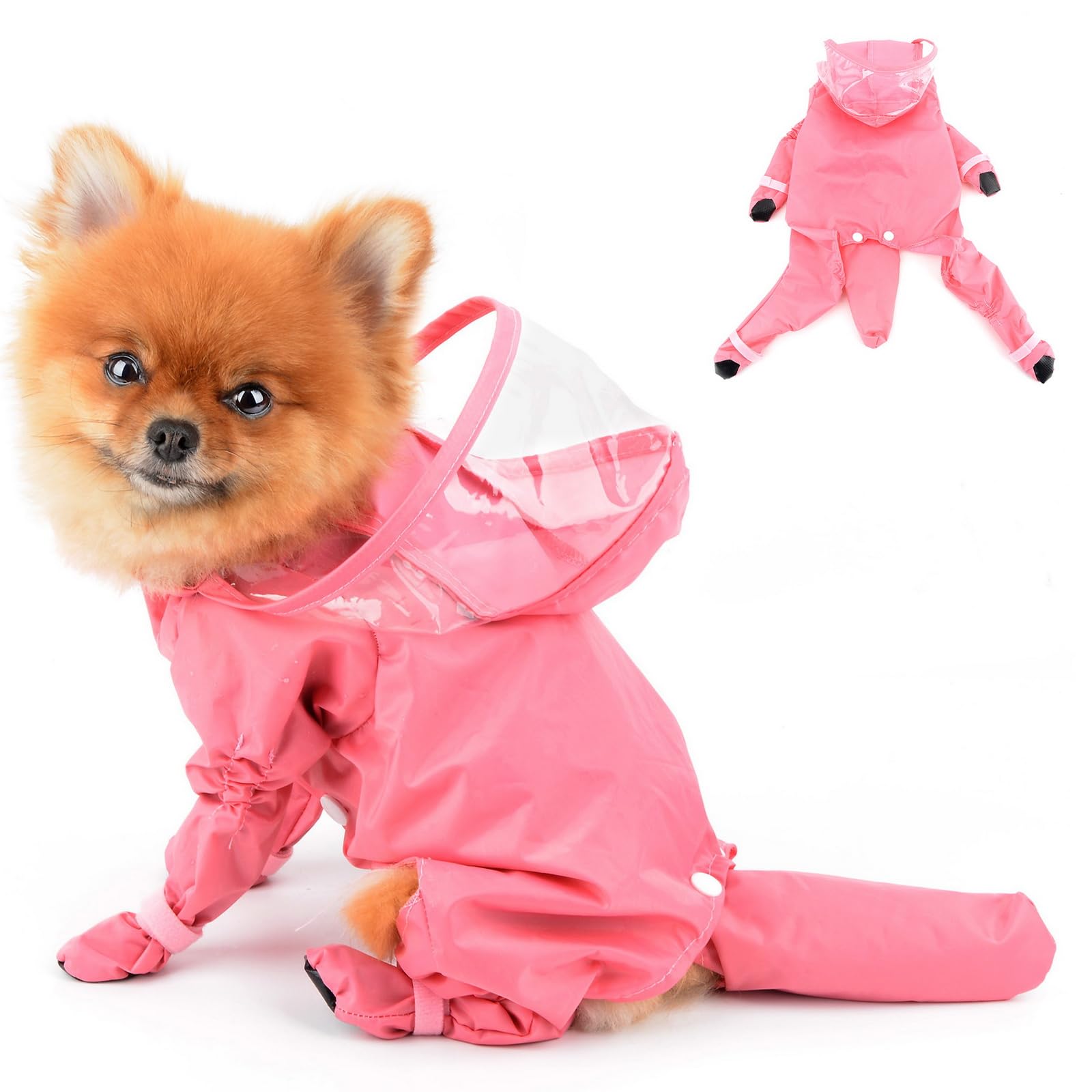 PAIDEFUL Small Dog Full Body Coverage Raincoat Solid Four-Leg Onesie Rain Jacket Waterproof Hoodie Puppy Clothes Button Lightweight Cats Costume, Pink
