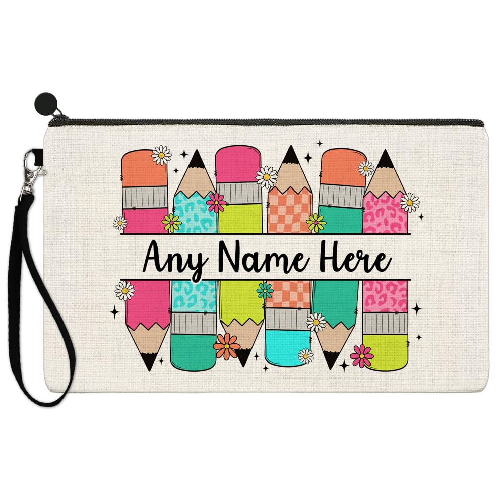 Personalised Pencil Case - Thank You Gift for Teachers - Stationary or Make Up Organizer - Pencils and Flowers - Teacher or Teaching Assistant TA Present, End of Term, Leaving, Back to School, Ladies