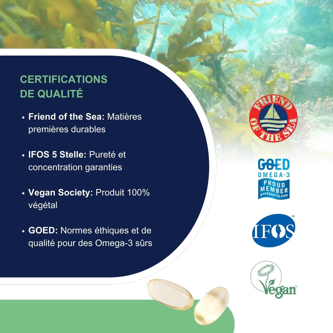 Omegor Veg - Huile de plantes dérivées d’Huile d’ Algues Durables | Le seul certificat IFOS | 250 mg de DHA et 125 mg d'EPA pour la capsule | 60 gélules, approvisionnement en 2 mois | 100% végétalien