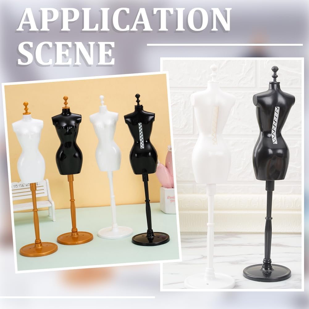 4Pcs 2 Colors 10.8 Inch Mini Dress Form Miniature Sewing Mannequin Black White Plastic Female Cloth Gown Holder Tailor Dressmaker Mannequin Stand for Sewing Apparel Design Costume Display