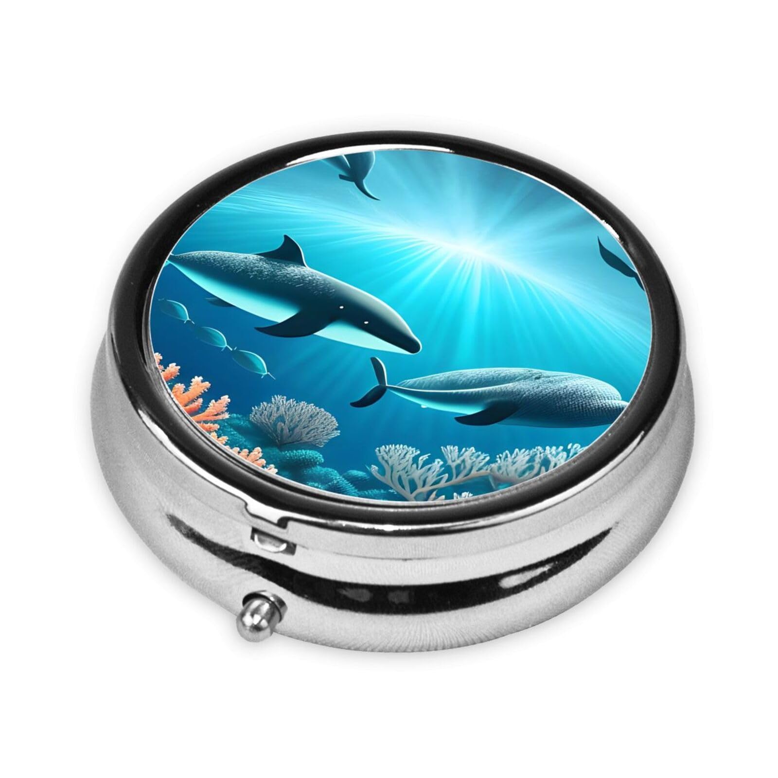 Cute 3-Compartments Round Pill Box Whales Under The sea Small Pill Case Portable Medicine Dispenser,for Pocket Purse
