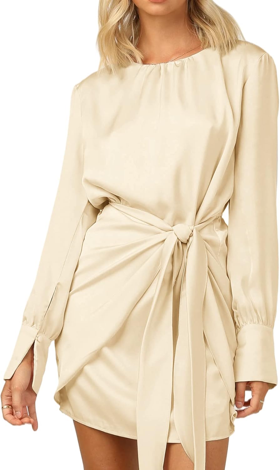 R.Vivimos Women's Satin Dress Long Sleeve Casual Wrap Ruched Tie Waist Party Mini Dress