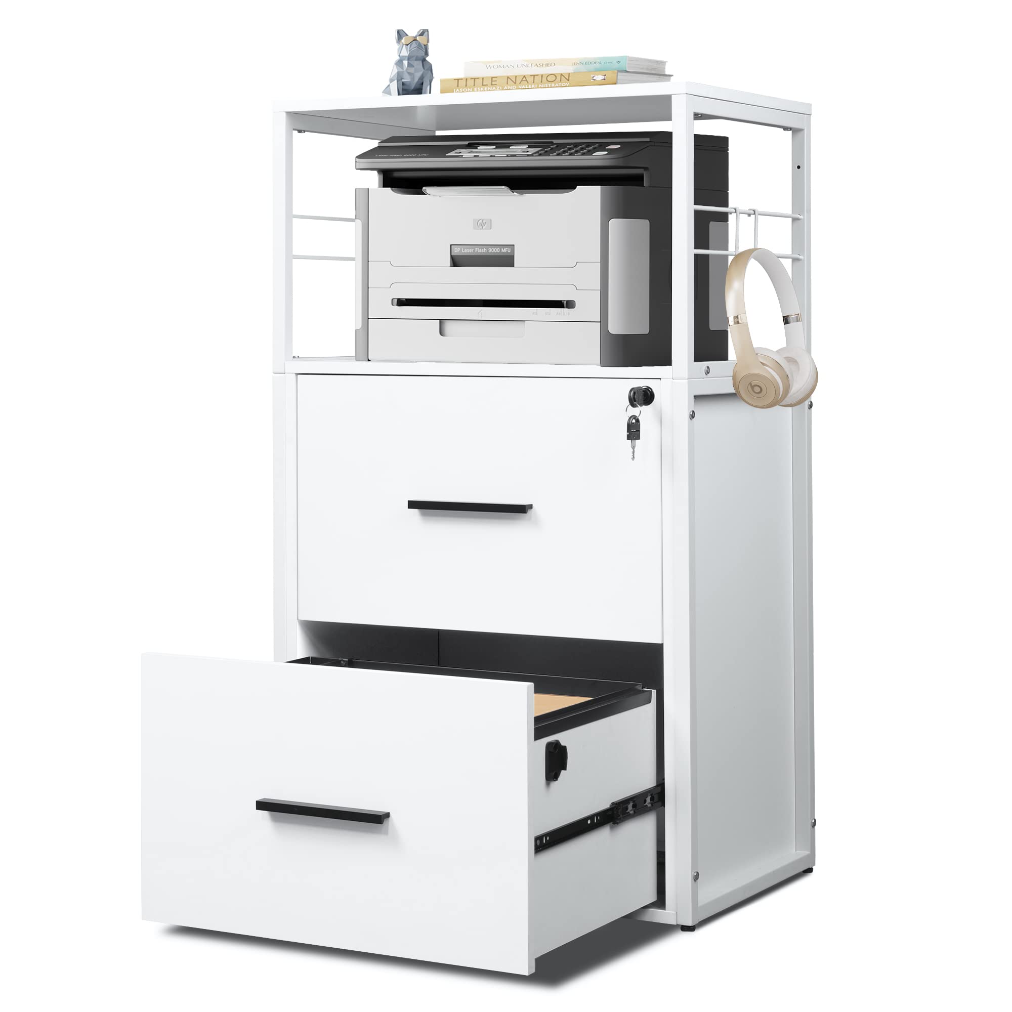 DEVAISE 2 Drawer Lateral File Cabinet with Lock, Filing Cabinet fits Letter/Legal/A4 Size, Large Printer Stand with Storage Shelves for Home Office, White