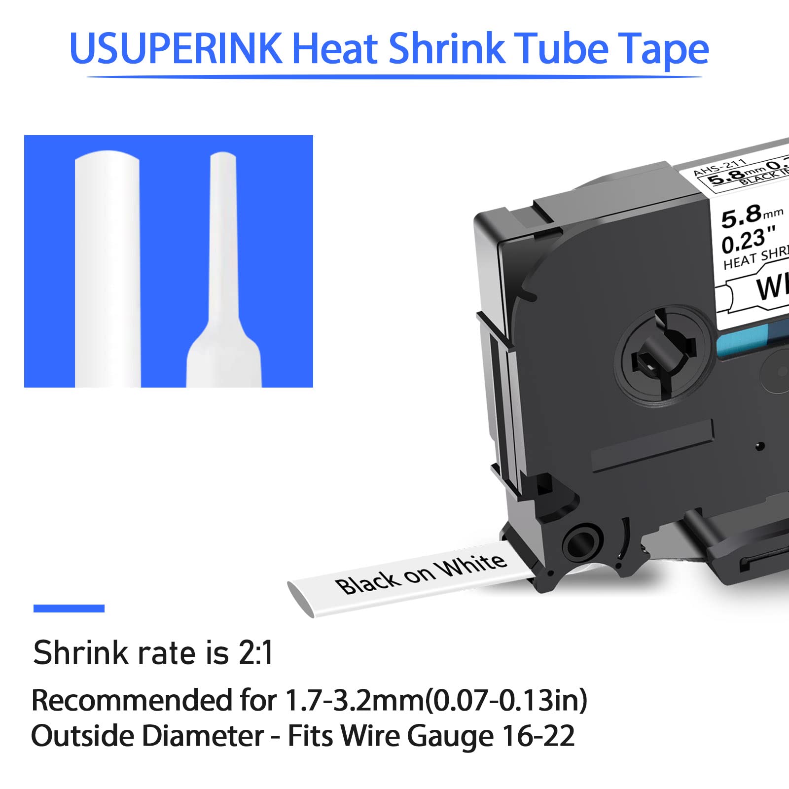USUPERINK 3-pak kompatybilny z Brother HSe-211 HSe211 HS-211 HS211 czarny na białym tle taśma do etykiet z rurką termokurczliwą zastosowanie w drukarce PT-D400 PT-D450 PT-E300 PT-E500 PT-P750WVP (23" x 5,5 m, 5,8 mm x 5,8 mm x 1,5 m)