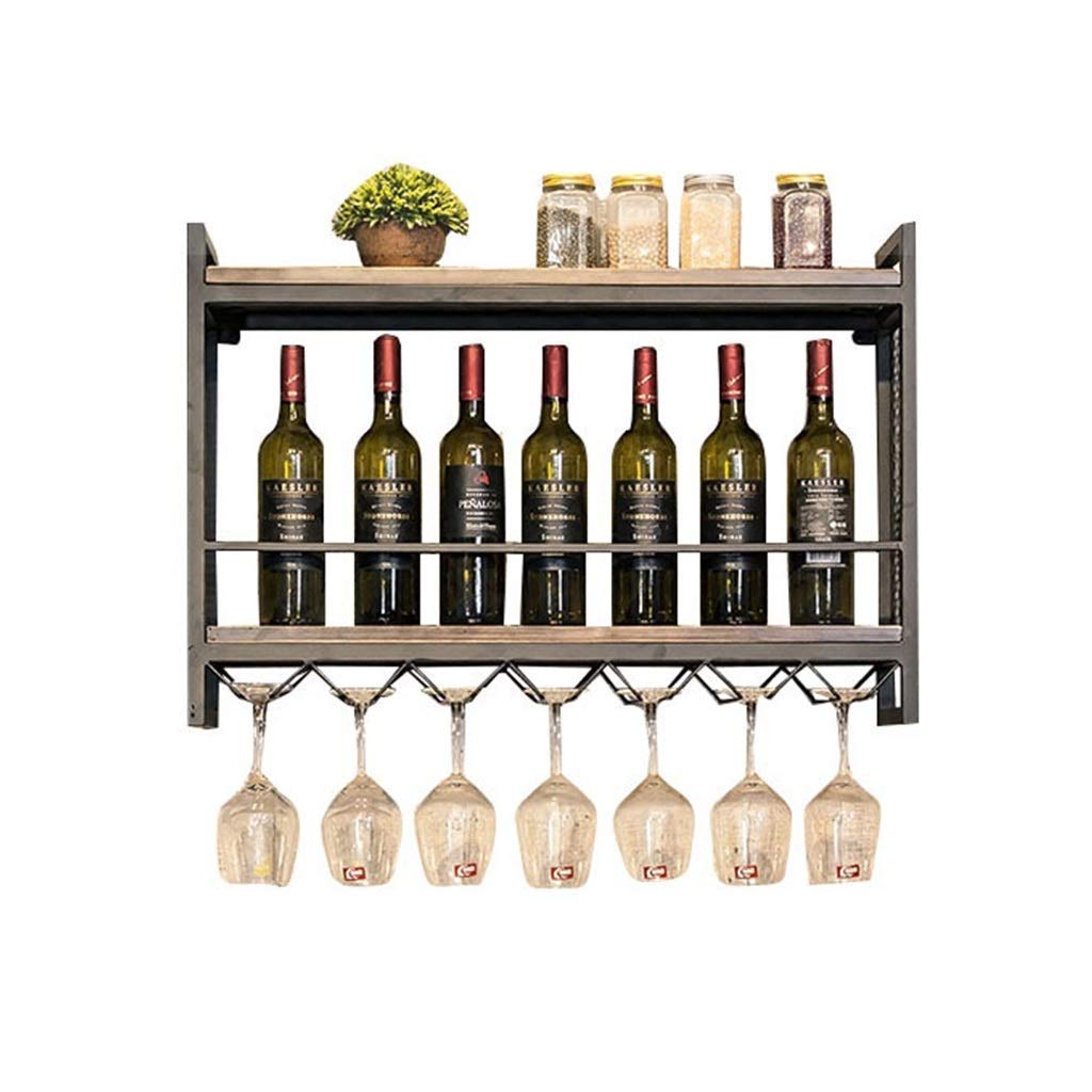 Porte-bouteilles en fer forgé rétro et bois noble pour verres suspendus