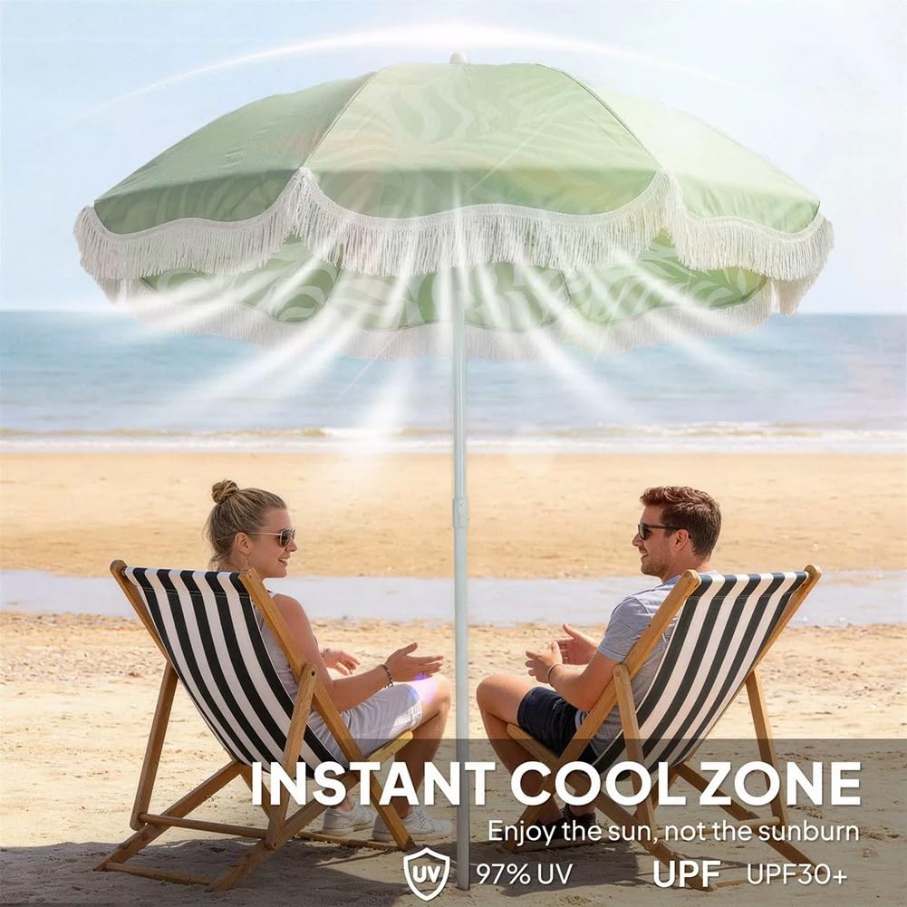 200 cm Parasol Plażowy w Boho z Frędzlami, Przenośny Nachylenia Parasol Przeciwsłoneczny z Nadrukiem i Torbą Transportową, UPF30+ do Ogrodu, Basenu