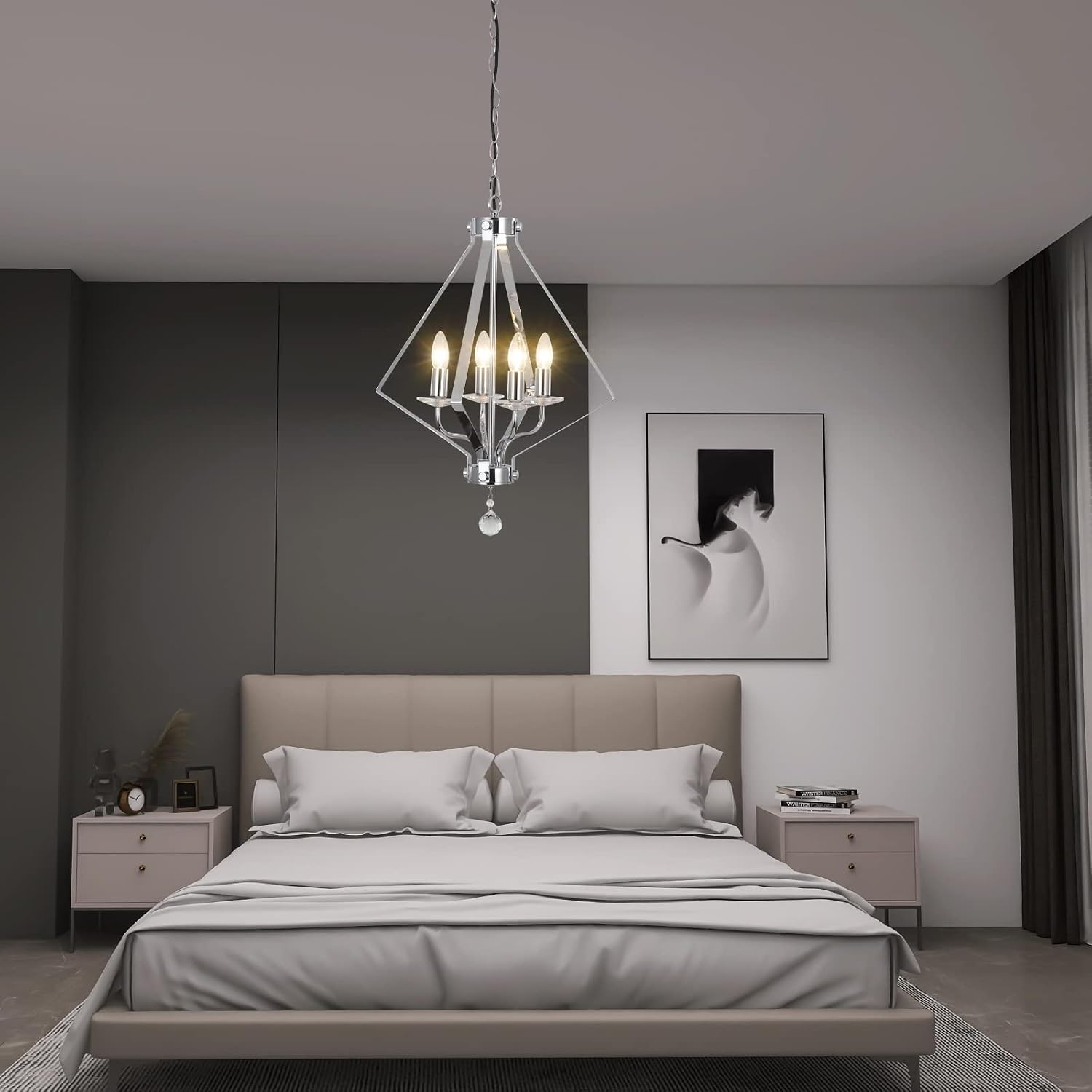 Jaycomey Modern Industrial Chandelier Lighting, 4-Light Geometric Square Cage Hanging Light Fixture, Farmhouse Pendant Light for Dining Living Room Kitchen Island Hallway Foyer Laundry (Chrome, E12)