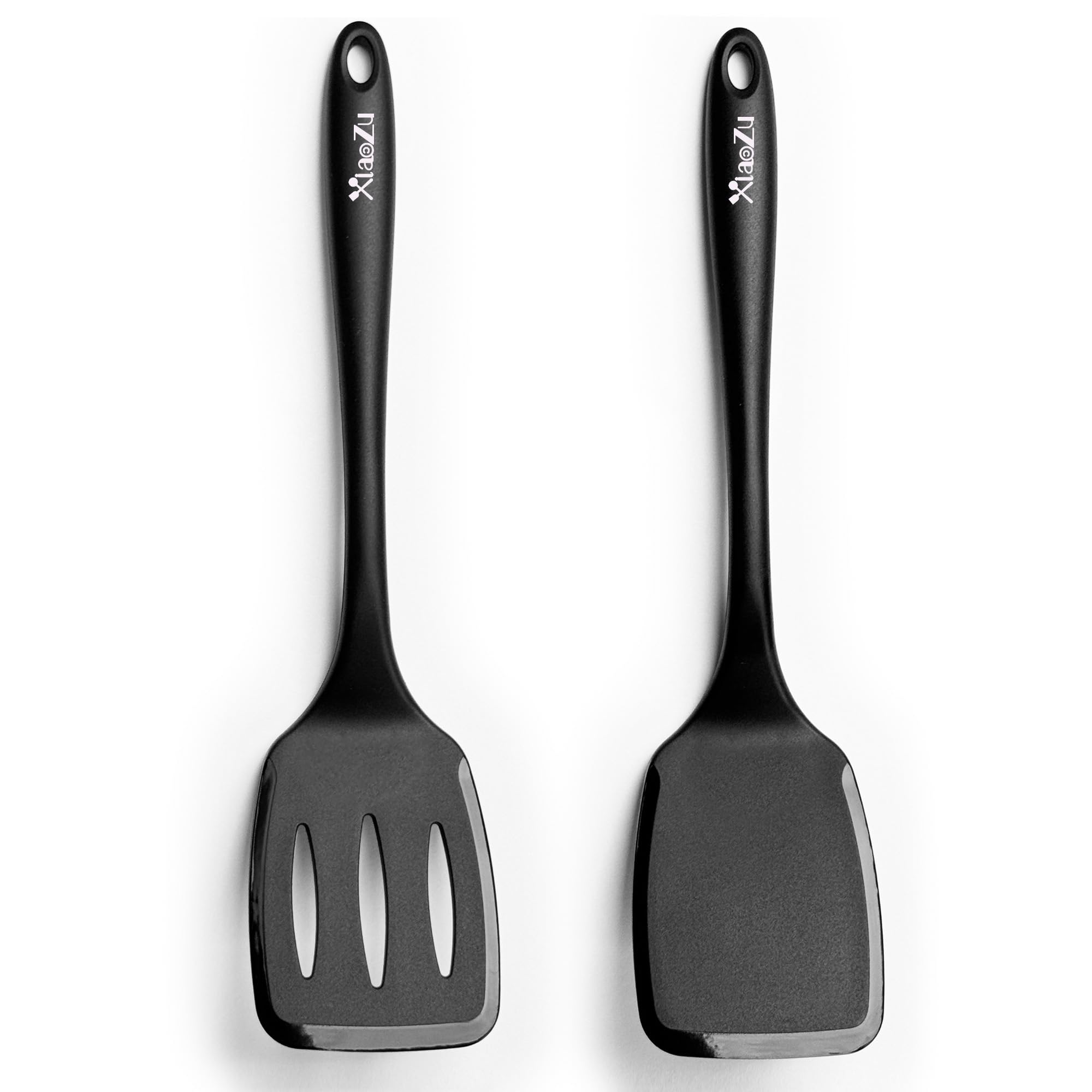 2 Pack Spatulas Set, Seamless Spatulas Silicone Heat Resistantan, Solid & Slotted Turners for Non Stick Cookware, Kitchen Utensils for Fish, Eggs, Pancakes, Wok (Black)