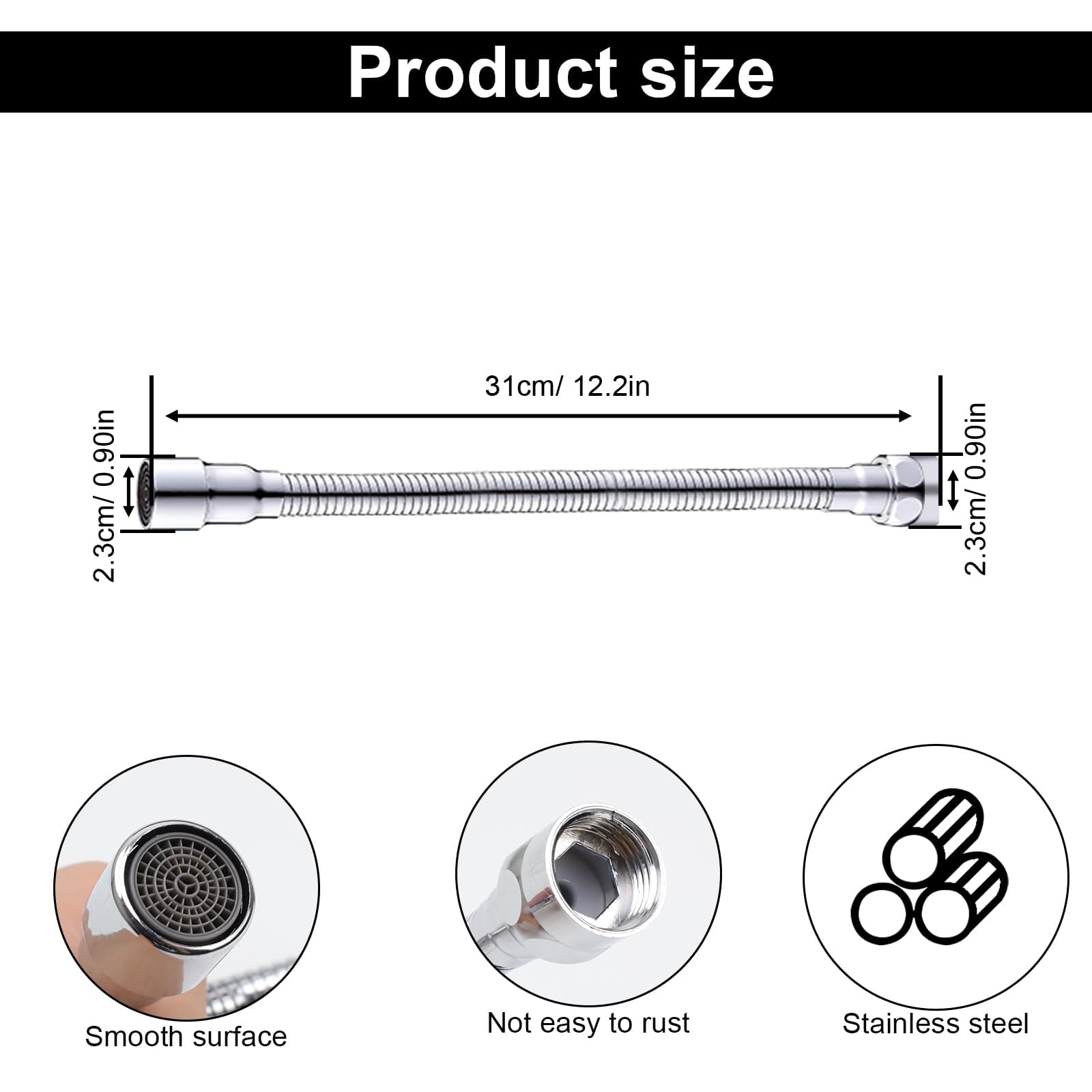 Extensión de Grifo de Acero Inoxidable de 30 cm, Ajustable 360°, con Adaptador de Rosca Interior y Exterior y Juntas, Adecuado para Grifos de Cocina y Baño