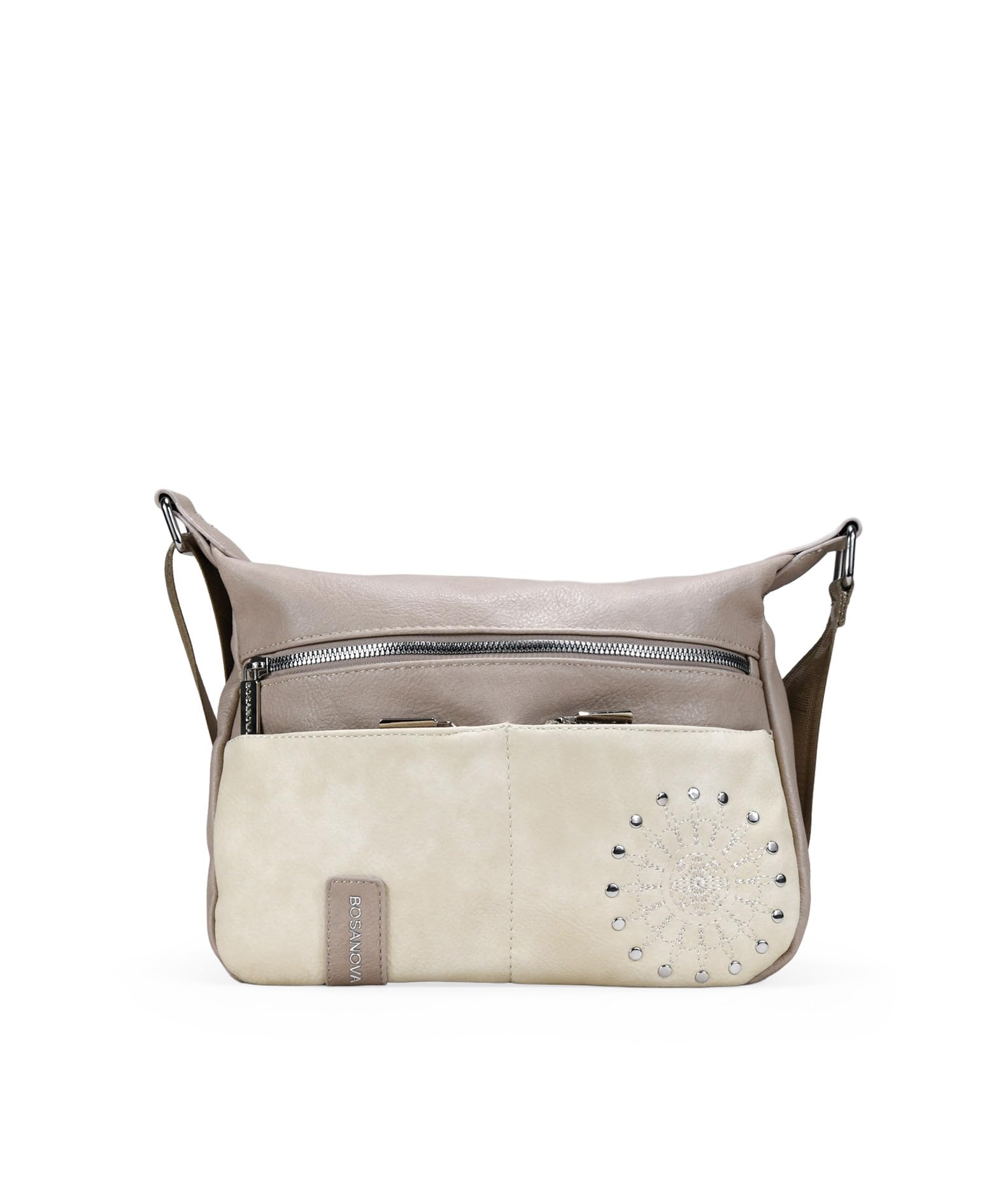 BOSANOVA Bolso Bandolera para Mujer con Tres Bolsillos Frontales, Bordado Decorativo con tachas y asa de Cruzar Regulable. Cierre con Cremallera. Beige U