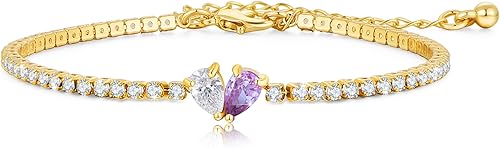 YUJIE Birthstone Tennis Bracelet for Women - 14k Gold Plated Adjustable 2mm Tenn