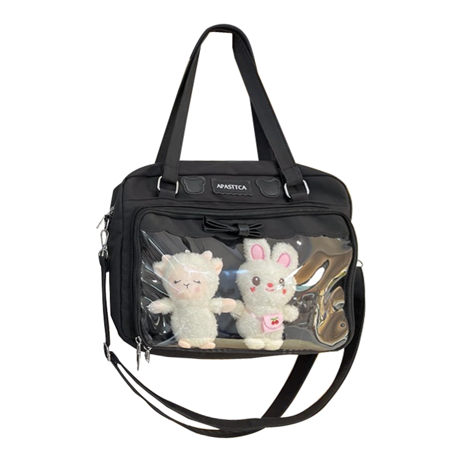 MILLEVIBE Ita Bag Kawaii Crossbody Bags Japanese Messenger Purse Clear Window & 2 Cute Plush Dolls for Women Black