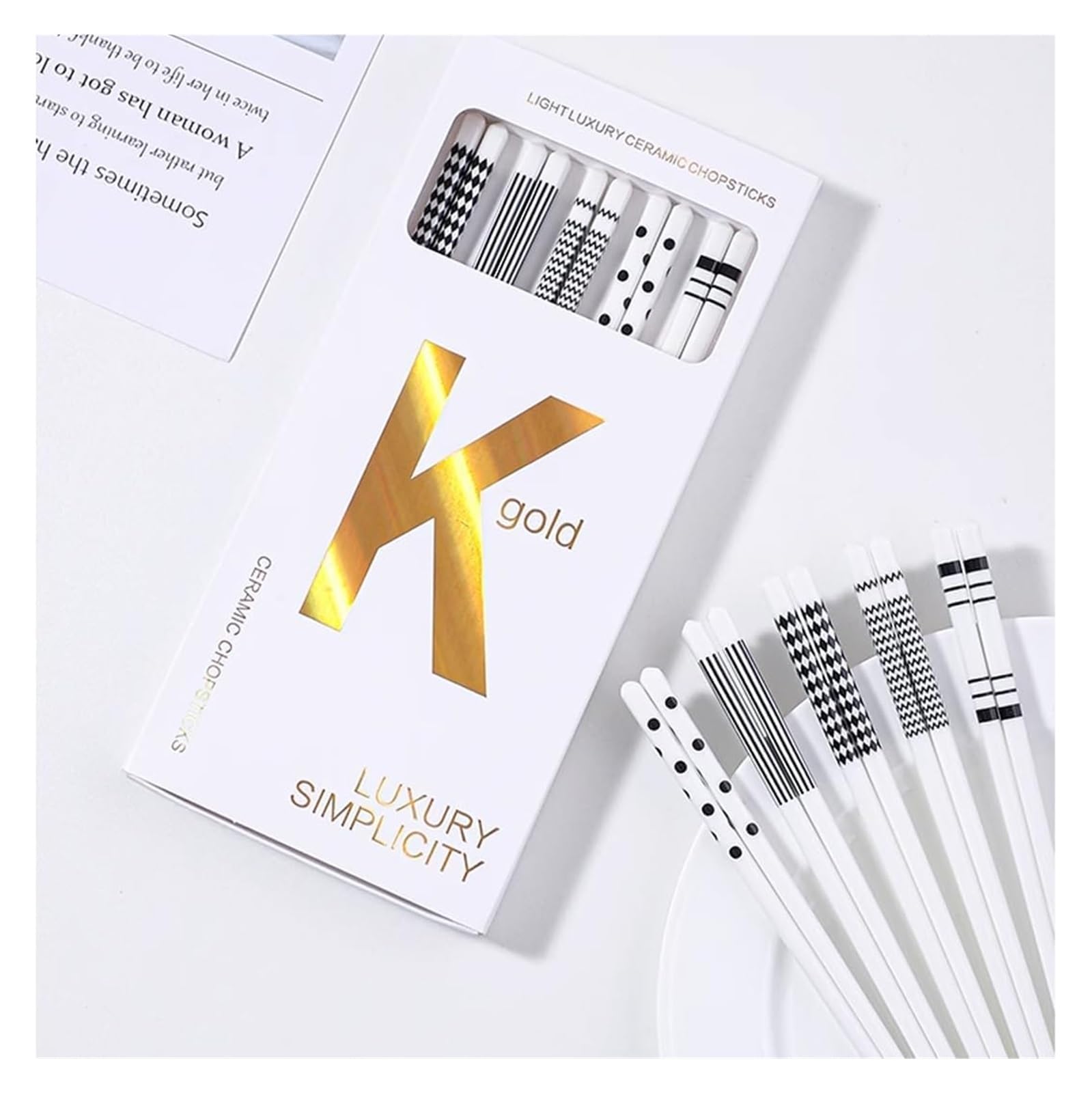 Jeu de baguettes, Ensemble de 5 paires baguettes en porcelaine noir et blanc, cadeau réutilisable avec étui(X)