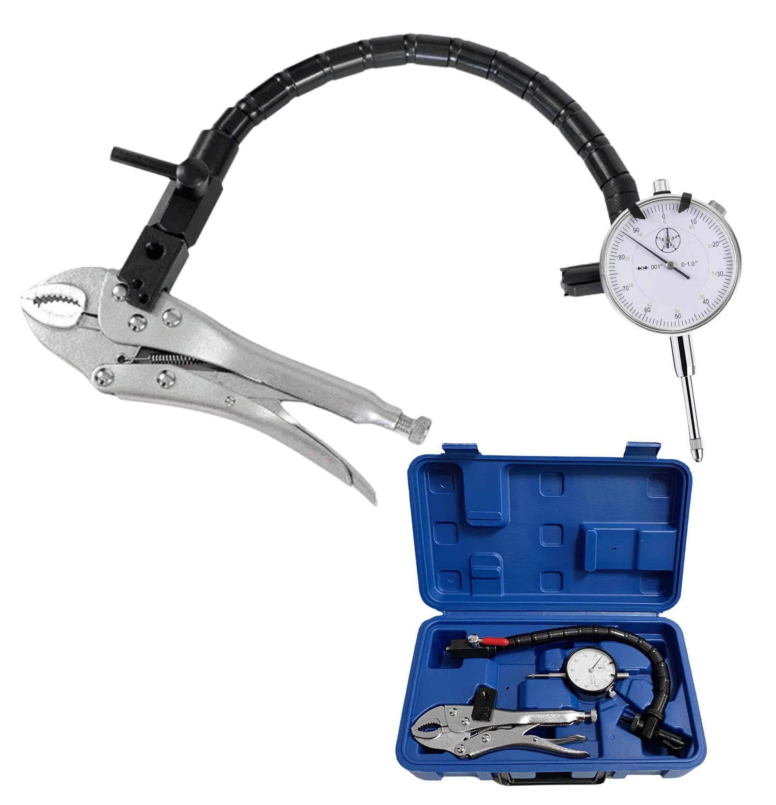 Disc Brake Rotor Ball Joint Gauge, 0-1” by 0.001” Dial Indicator, Automobile Brake Disc Flatness Runout Backlash Measuring Tool, with 13” Flexible Stem Holder & Locking Pliers