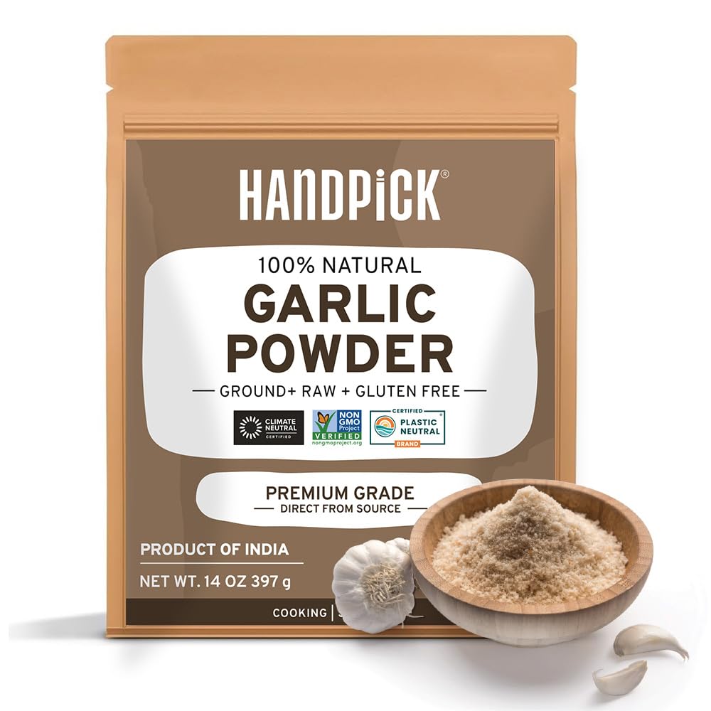HANDPICK, Garlic Powder (397g/14oz), Gluten free, Fine Powdered, Raw from India, Seasoning for Cooking, Packed in Resealable Zip Lock Pouch