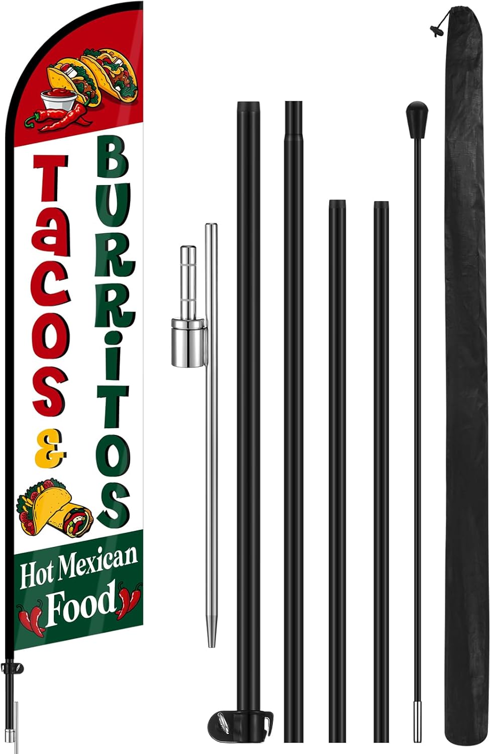 Tacos Burritos Mexican Restaurant Advertising Flag Pole Kit Include 12 ft Mexican Restaurant Advertising Feather Banner and 15 ft Flag Poles Ground Stake for Business Outside