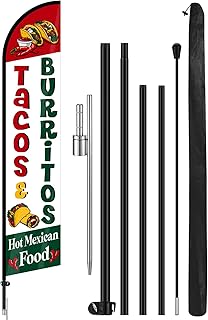 Tacos Burritos Mexican Restaurant Advertising Flag Pole Kit Include 12 ft Mexican Food Banner Sign and 15 ft Flag Poles for Restaurant Business Outside