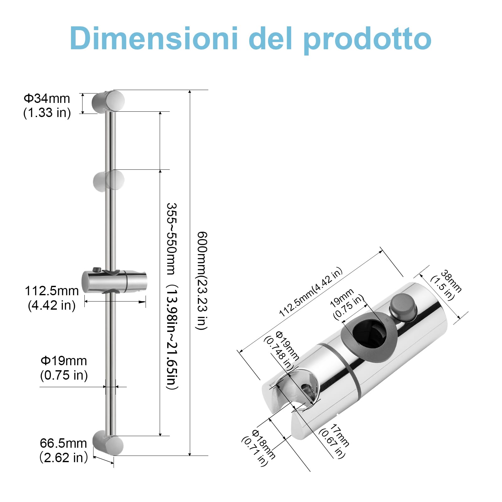 OFFO Saliscendi Doccia 60 cm,Asta Doccia a Parete,Distanza Regolabile da 26 a 59 cm,con Sali Scendi per Doccia,Asta Doccia Saliscendi di Ricambio,Cromo