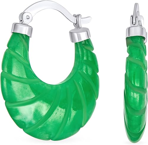 Aretes de aro de jade verde claro con piedras preciosas auténticas, redondas, de bambú, para mujer, chapado en oro de 14 quilates, plata de ley .925
