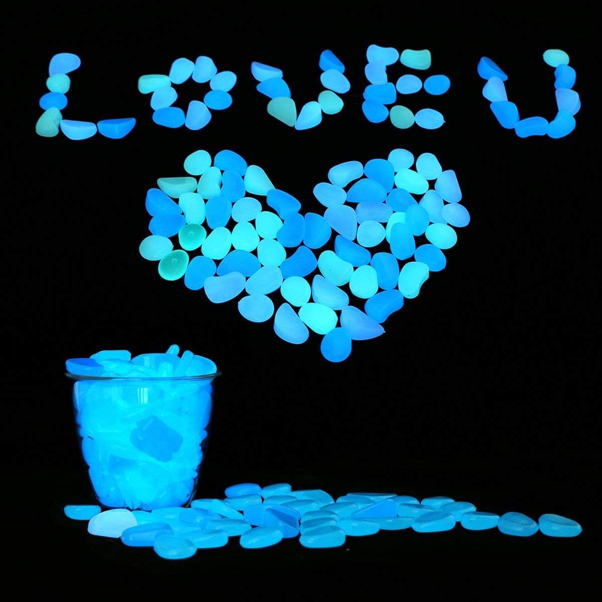 100 PCS Glow in The Dark Garden Pebbles Stones Rocks, EVERMARKET Glowing Rocks for Yard and Walkways Decor (Blue and White)