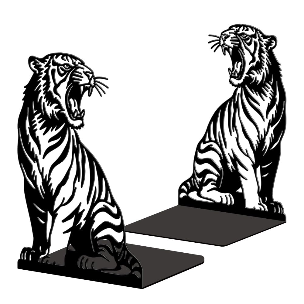 Peacoblue Metal Bookends for Shelves, Modern Decorative Heavy Duty Study Book Ends Stoppers for Office Desk Shelf, Room 5.3"x4.3"x7.6" Cast Iron Tall Bookends 1 Pair (Realistic Tiger)