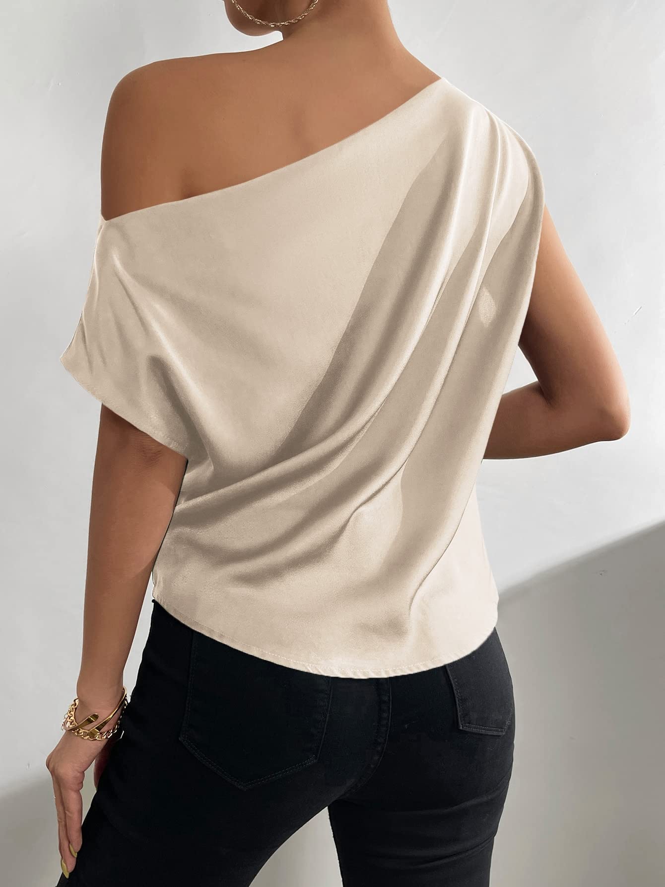 OYOANGLE Women's Satin Off The Shoulder Short Sleeve Asymmetrical Neck Ruched Work Office Blouse Top
