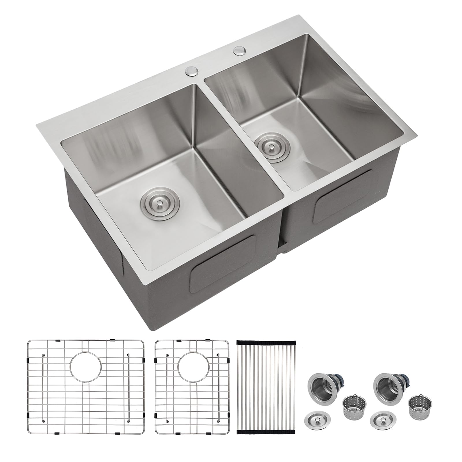 Mocoloo 33 Drop In Kitchen Sink Double Bowl 33 x 22 Drop Sink Double Bowl 60/40 T304 Stainless Steel 16 Gauge Topmount Handmade, 10 Inch Deep